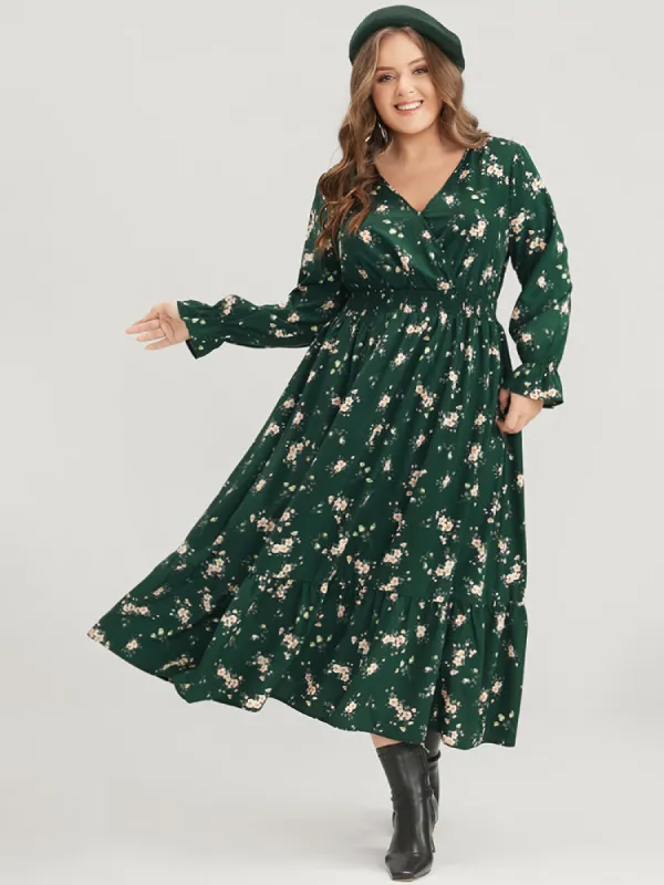 Floral Lantern Sleeve Pocket Wrap Shirred Dress Without Hat sold by Bloomchic