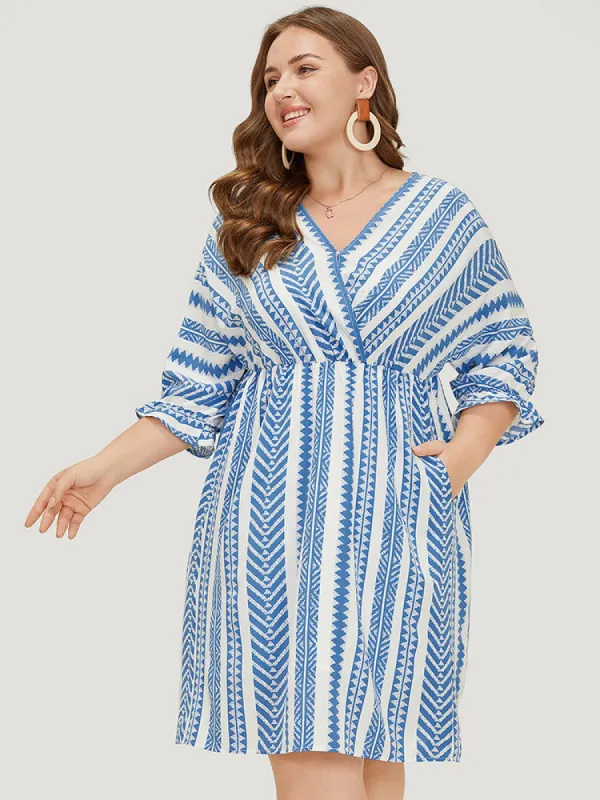 Geometric Print Wrap Pocket Lantern Sleeve Knee Dress sold by Bloomchic