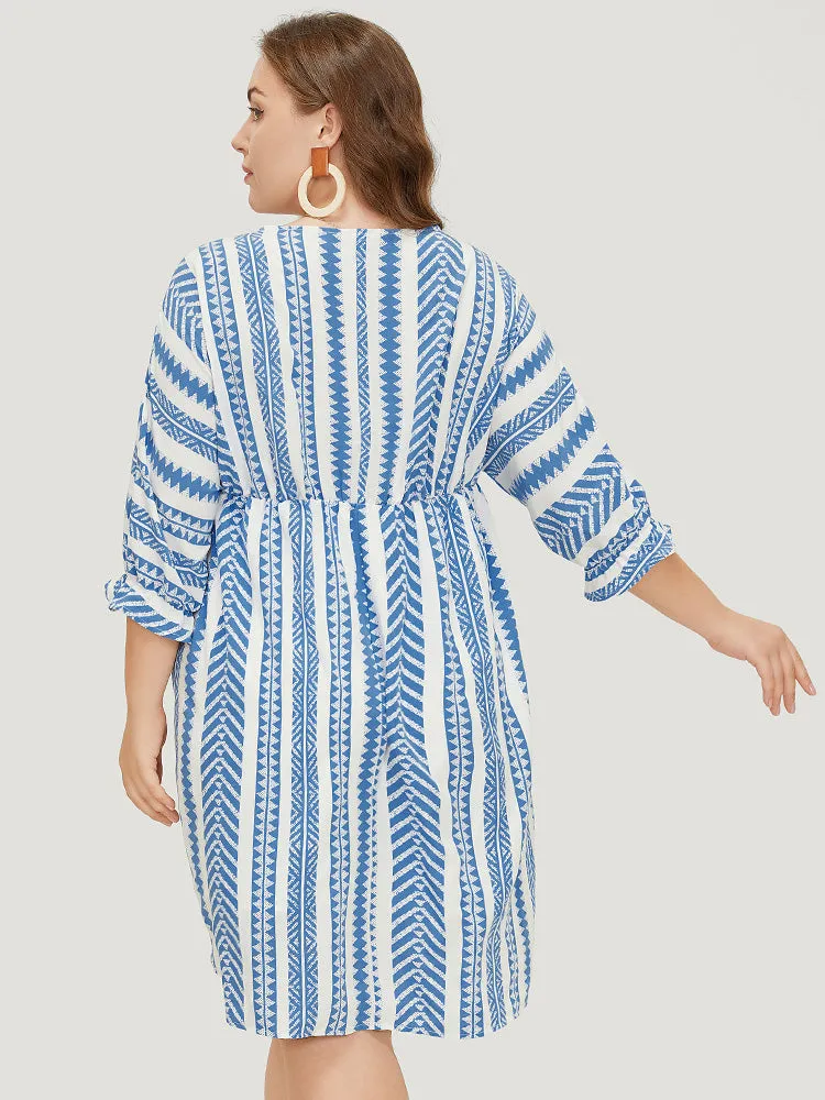 Geometric Print Wrap Pocket Lantern Sleeve Knee Dress sold by Bloomchic product image thumbnail 5