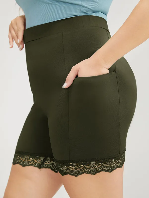 Solid Pocket Side Lace Hem Shorts sold by Bloomchic