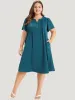 Solid Pleated Front Button Detail Notched Ruffle Sleeve Dress sold by Bloomchic