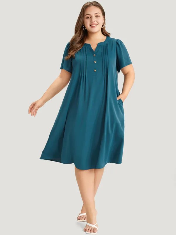 Solid Pleated Front Button Detail Notched Ruffle Sleeve Dress sold by Bloomchic