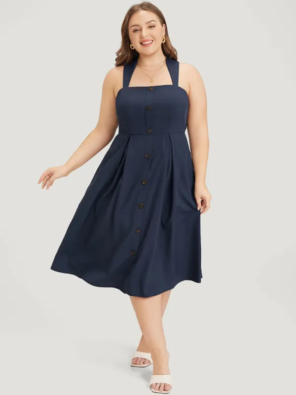 Solid Plicated Hem Button Detail Pocket Shirred Cami Dress sold by Bloomchic