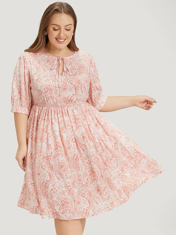 Floral Puff Sleeve Pocket Flutter Keyhole Knot Neck Dress sold by Bloomchic product image thumbnail 4