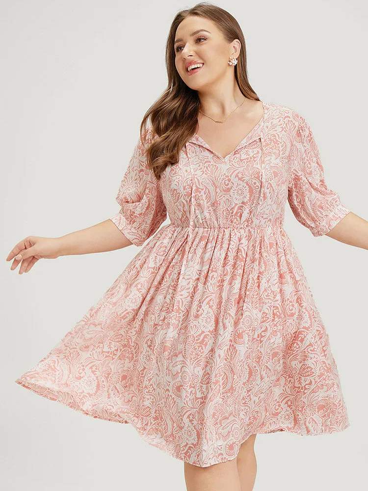 Floral Puff Sleeve Pocket Flutter Keyhole Knot Neck Dress sold by Bloomchic product image thumbnail 2