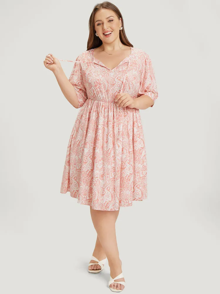 Floral Puff Sleeve Pocket Flutter Keyhole Knot Neck Dress sold by Bloomchic product image thumbnail 3