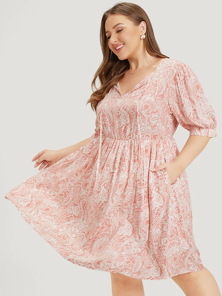 Floral Puff Sleeve Pocket Flutter Keyhole Knot Neck Dress sold by Bloomchic product image thumbnail 5