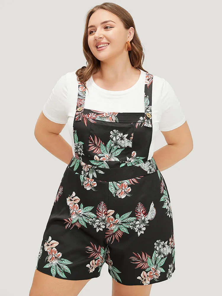 Tropical Print Pocket Crossover Back Overall Romper sold by Bloomchic