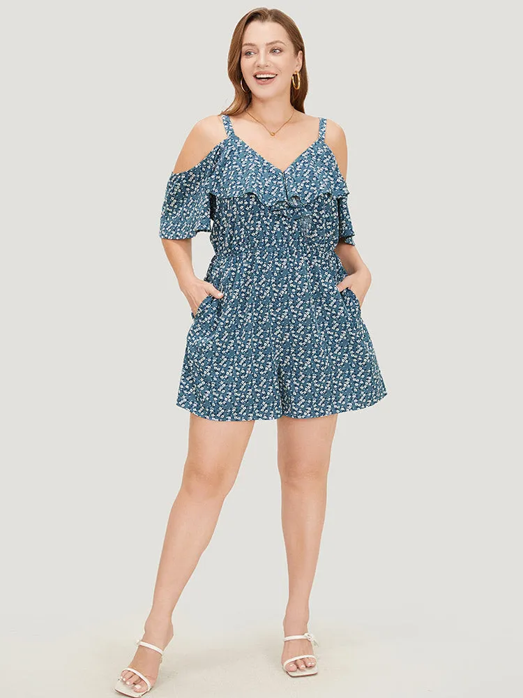 Ditsy Floral Pocket Zipper Ruffle Cold Shoulder Romper sold by Bloomchic product image thumbnail 2