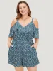 Ditsy Floral Pocket Zipper Ruffle Cold Shoulder Romper sold by Bloomchic