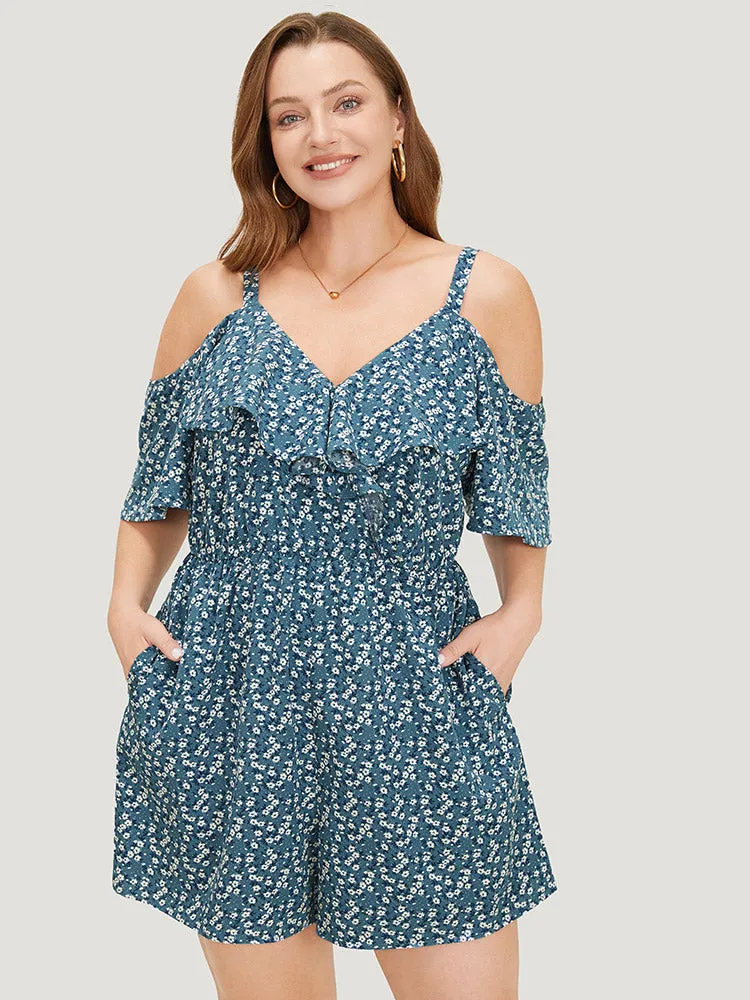 Ditsy Floral Pocket Zipper Ruffle Cold Shoulder Romper sold by Bloomchic product image thumbnail 5