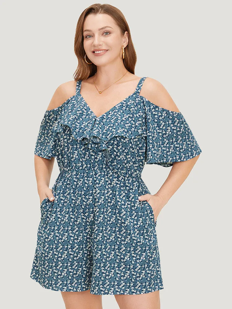 Ditsy Floral Pocket Zipper Ruffle Cold Shoulder Romper sold by Bloomchic product image thumbnail 3