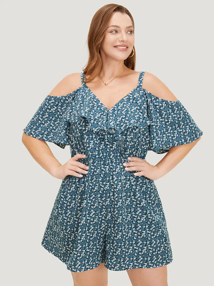 Ditsy Floral Pocket Zipper Ruffle Cold Shoulder Romper sold by Bloomchic