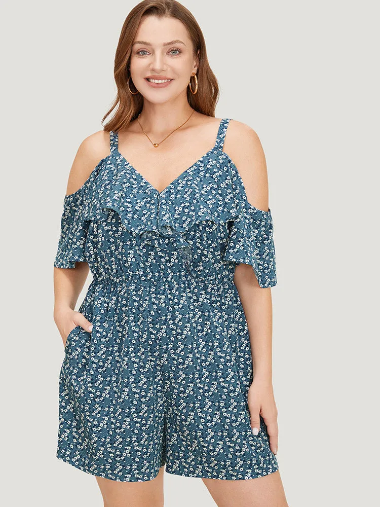 Ditsy Floral Pocket Zipper Ruffle Cold Shoulder Romper sold by Bloomchic product image thumbnail 4