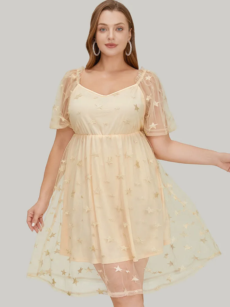 Star Embroidered Mesh Ruffle Sleeve Frill Trim Dress sold by Bloomchic