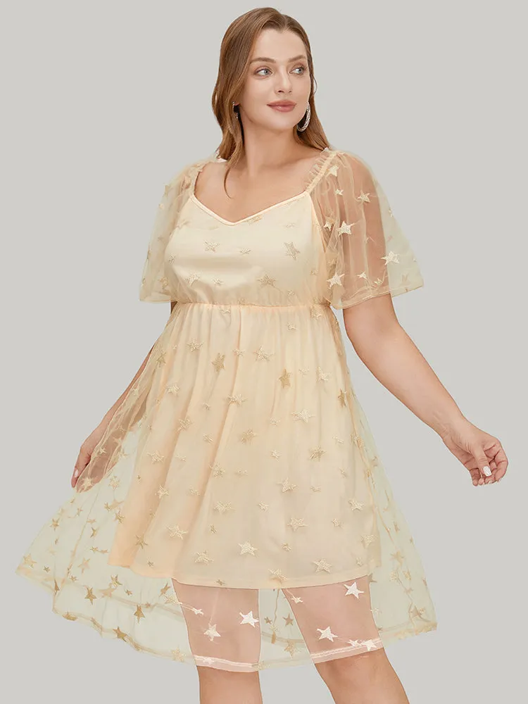 Star Embroidered Mesh Ruffle Sleeve Frill Trim Dress sold by Bloomchic product image thumbnail 3
