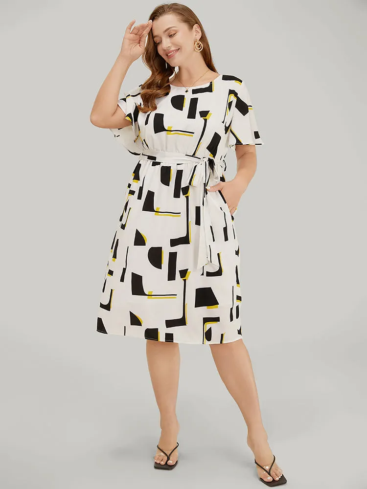 Geometric Print Pocket Belt Flutter Sleeve Dress sold by Bloomchic product image thumbnail 3