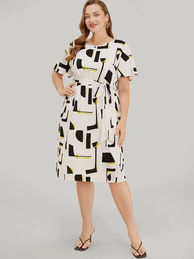 Geometric Print Pocket Belt Flutter Sleeve Dress sold by Bloomchic product image thumbnail 2