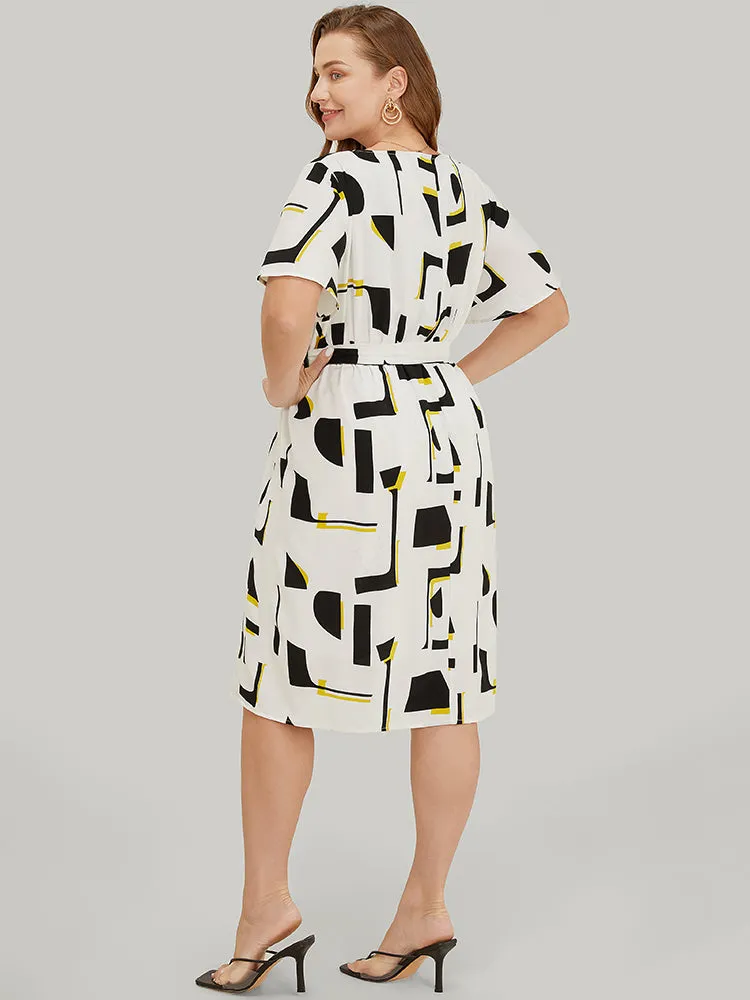 Geometric Print Pocket Belt Flutter Sleeve Dress sold by Bloomchic product image thumbnail 4