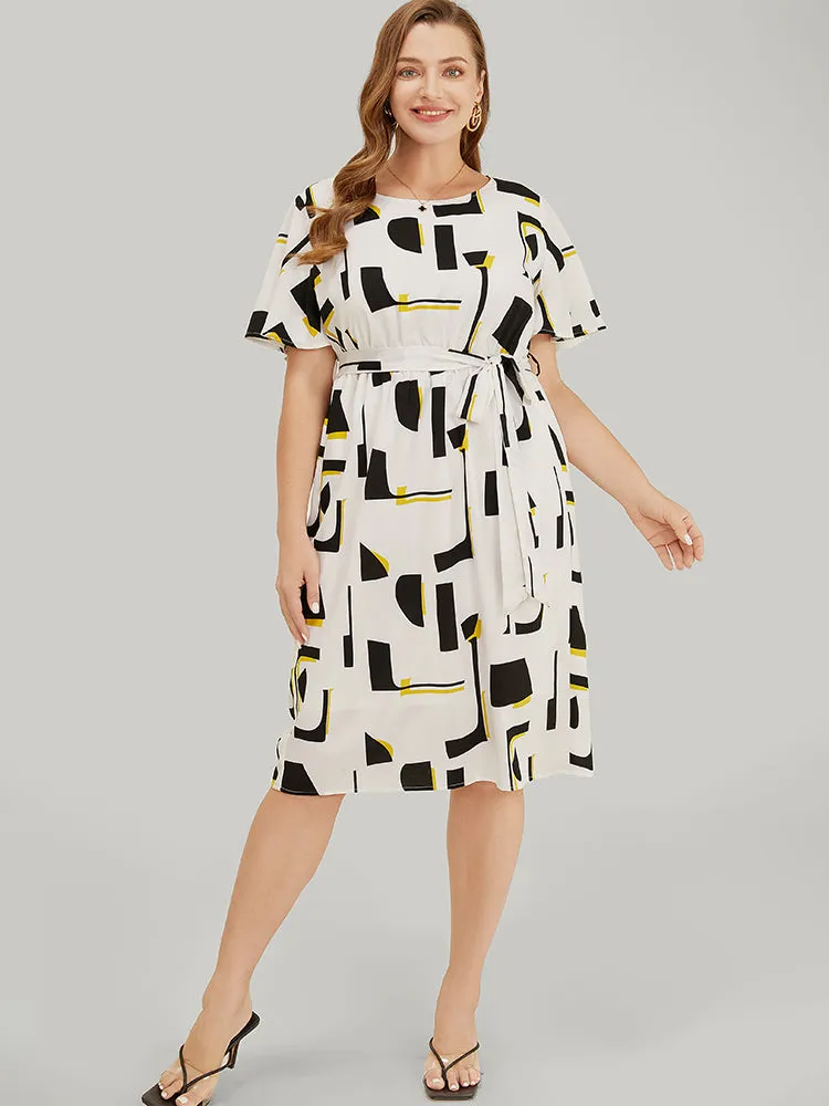 Geometric Print Pocket Belt Flutter Sleeve Dress sold by Bloomchic