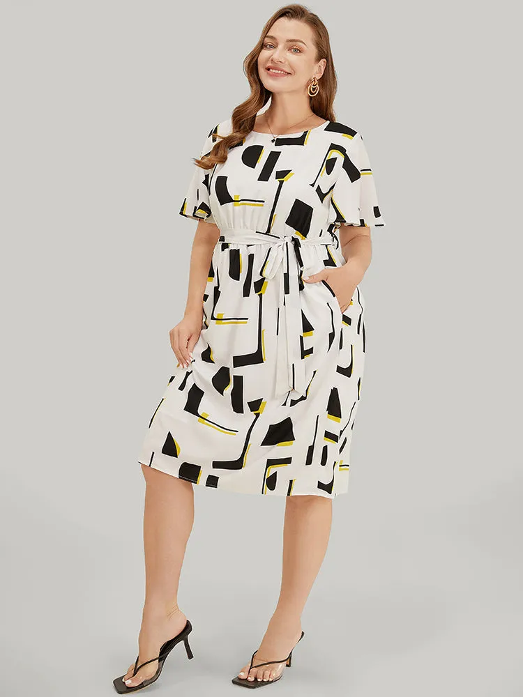 Geometric Print Pocket Belt Flutter Sleeve Dress sold by Bloomchic product image thumbnail 5