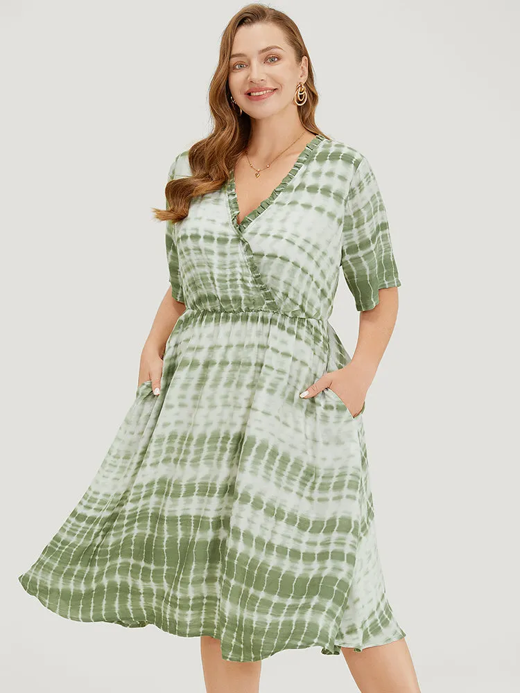 Tie Dye Surplice Neck Pocket Frill Trim Dress sold by Bloomchic