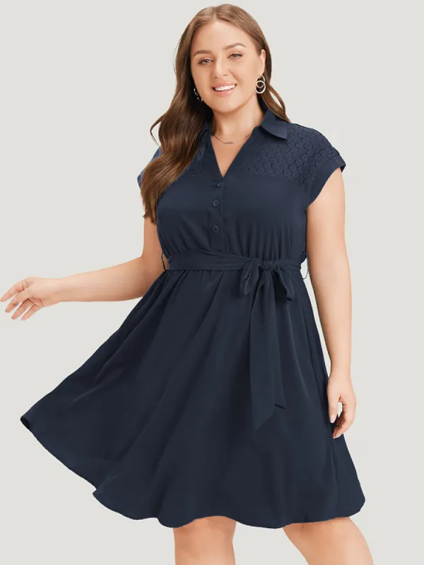 Anti-Wrinkle Plain Contrast Lace Batwing Sleeve Shirt Collar Dress sold by Bloomchic