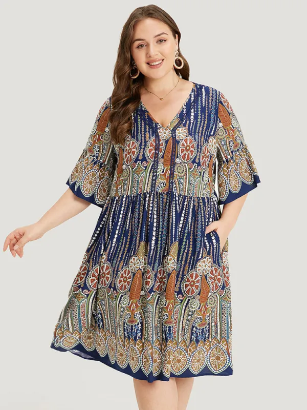 Boho Print Gathered Lace Pocket Flutter Bell Sleeve Dress sold by Bloomchic