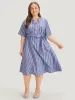 Striped Print Belt Pocket Notched Button Up Dress sold by Bloomchic