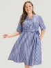 Striped Print Belt Pocket Notched Button Up Dress sold by Bloomchic