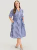 Striped Print Belt Pocket Notched Button Up Dress sold by Bloomchic
