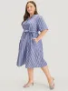 Striped Print Belt Pocket Notched Button Up Dress sold by Bloomchic