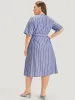 Striped Print Belt Pocket Notched Button Up Dress sold by Bloomchic