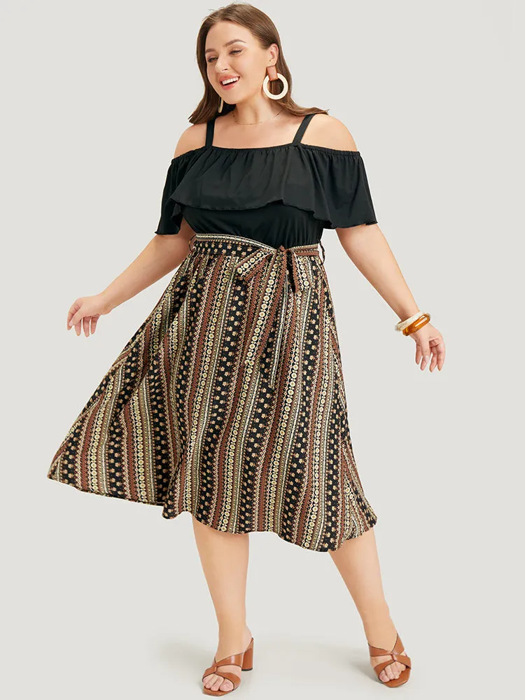 Bandana Patchwork Flutter Pocket Belt Cold Shoulder Dress sold by Bloomchic product image thumbnail 4