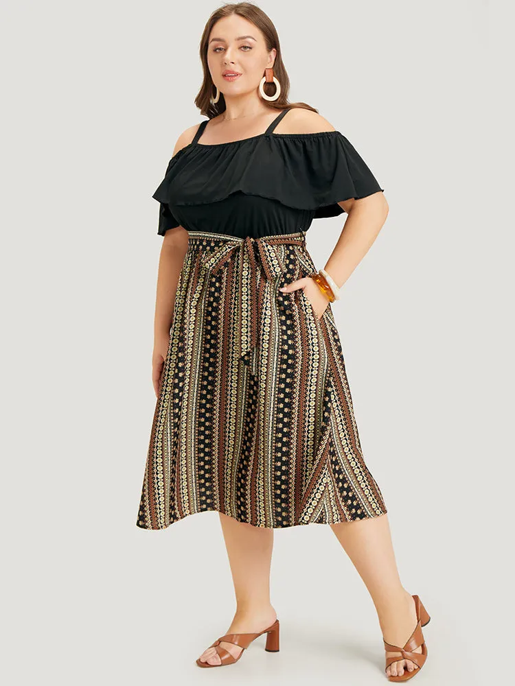 Bandana Patchwork Flutter Pocket Belt Cold Shoulder Dress sold by Bloomchic product image thumbnail 3