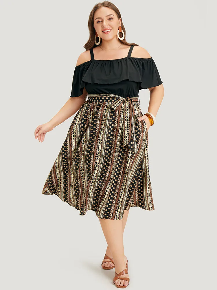 Bandana Patchwork Flutter Pocket Belt Cold Shoulder Dress sold by Bloomchic