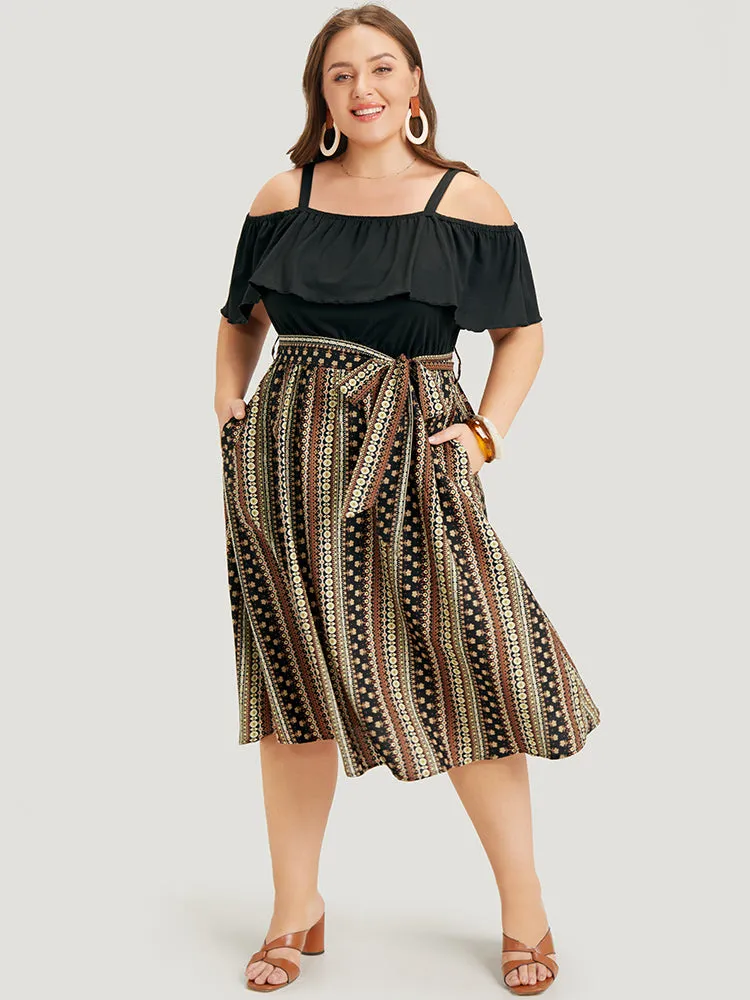 Bandana Patchwork Flutter Pocket Belt Cold Shoulder Dress sold by Bloomchic product image thumbnail 2