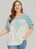 Moroccan Print Batwing Sleeve Pompom Trim Blouse sold by Bloomchic