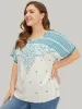 Moroccan Print Batwing Sleeve Pompom Trim Blouse sold by Bloomchic