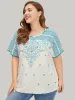 Moroccan Print Batwing Sleeve Pompom Trim Blouse sold by Bloomchic