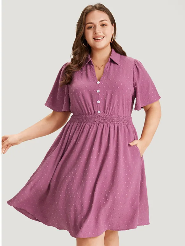 Plain Pocket Shirt Collar Shirred Button Detail Dress sold by Bloomchic