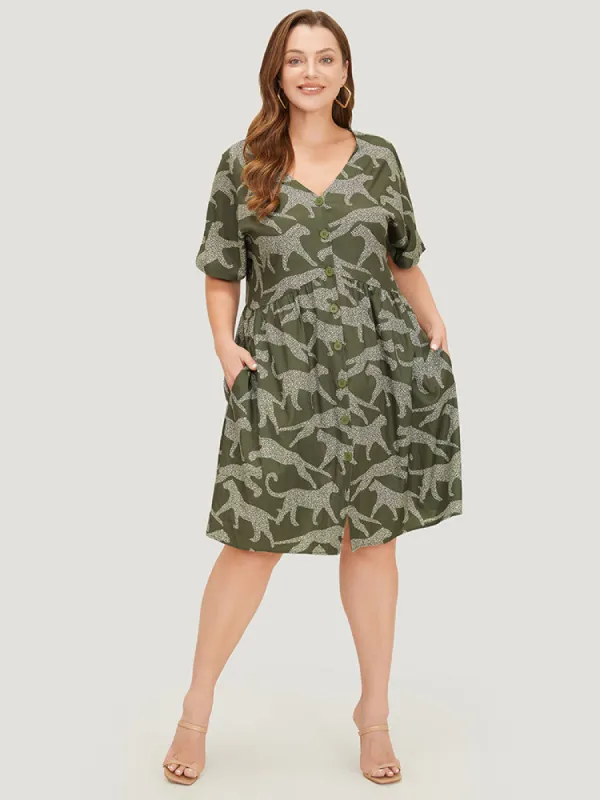 Animal Print Batwing Sleeve Flutter Pocket Button Up Dress sold by Bloomchic