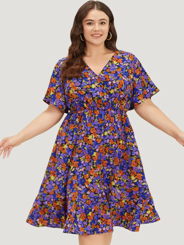 Floral Surplice Neck Pocket Ruffles Knee Dress sold by Bloomchic