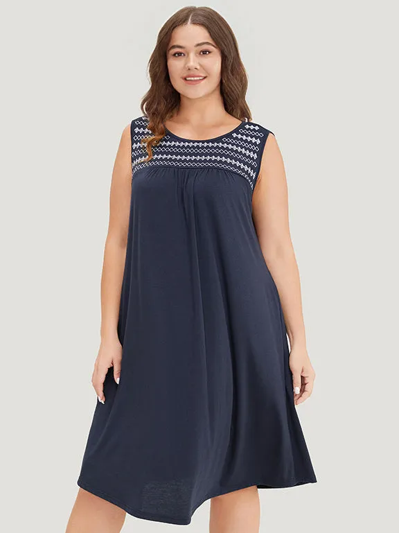 Geometric Embroidered Gathered Pocket Tank Dress sold by Bloomchic