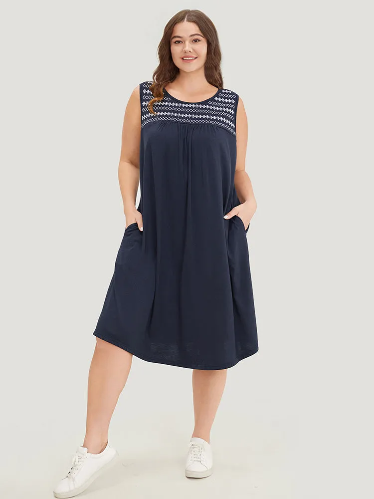 Geometric Embroidered Gathered Pocket Tank Dress sold by Bloomchic product image thumbnail 3