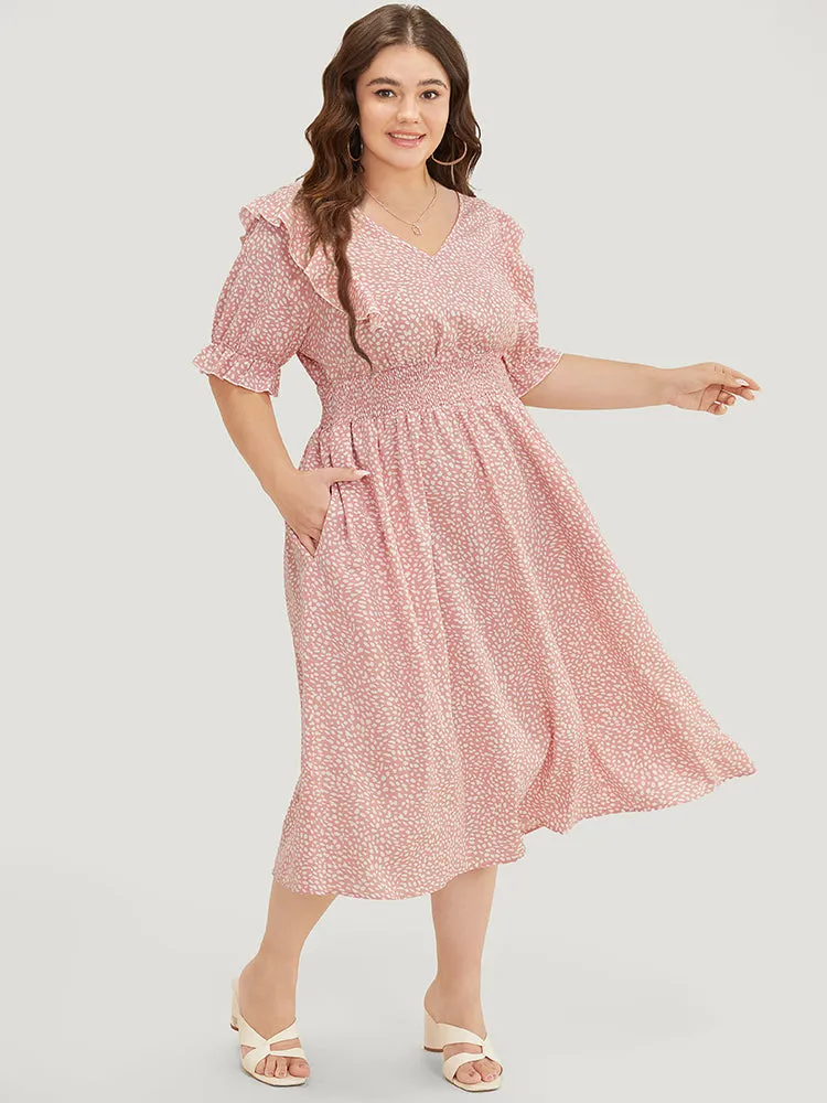 Leopard Ruffle Trim Pocket Shirred Puff Sleeve Dress sold by Bloomchic