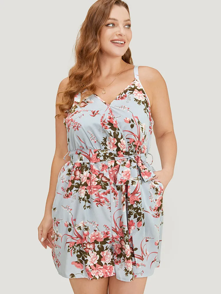 Floral Pocket Surplice Neck Belt Cami Romper sold by Bloomchic product image thumbnail 4