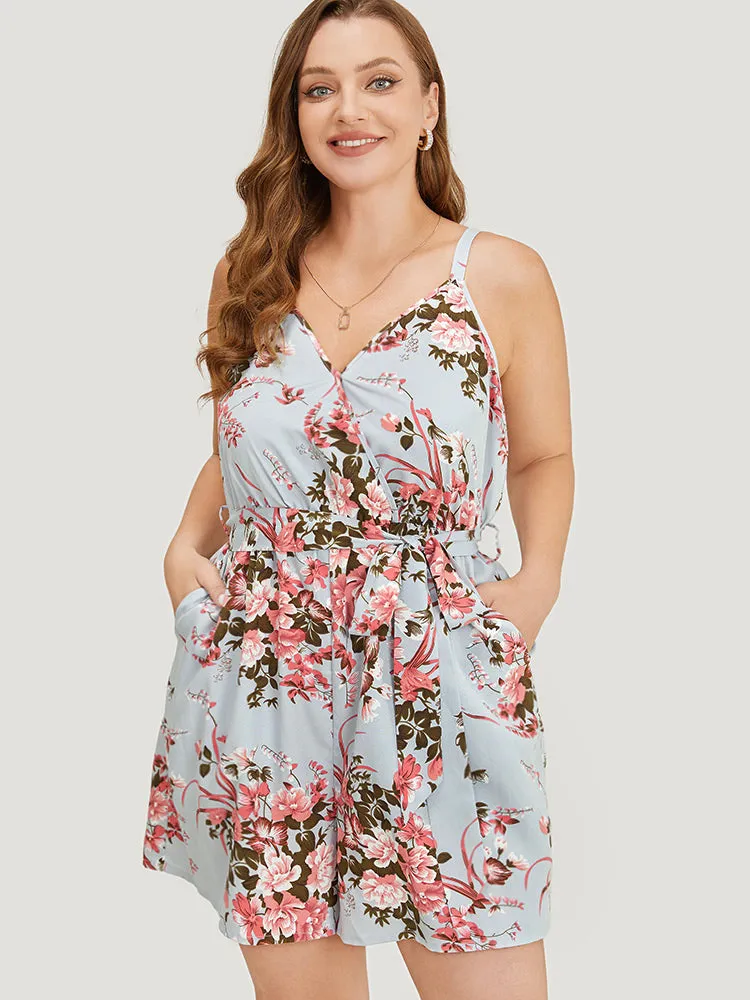 Floral Pocket Surplice Neck Belt Cami Romper sold by Bloomchic product image thumbnail 5