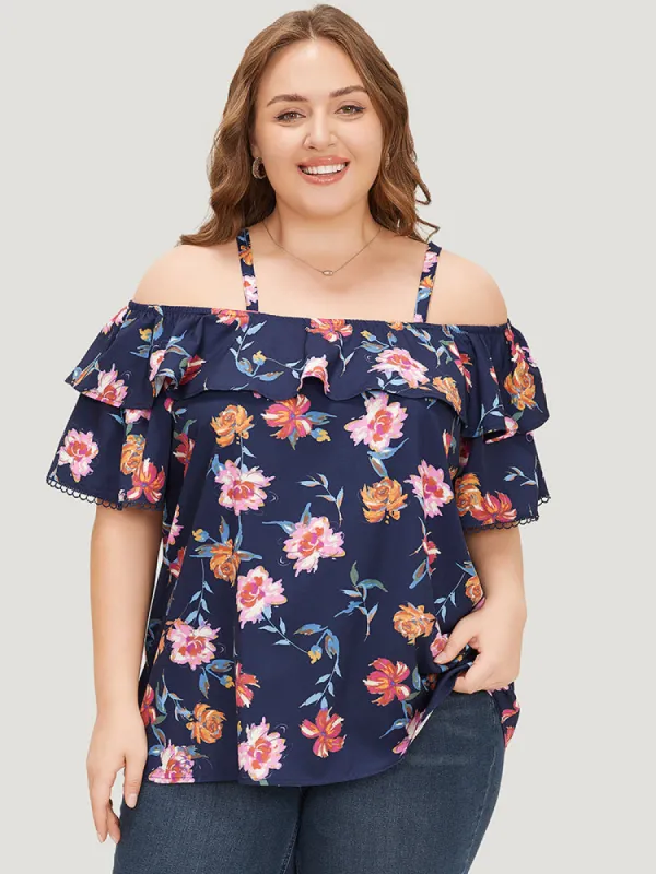Floral Printed Ruffle Tiered Cold Shoulder Blouse sold by Bloomchic