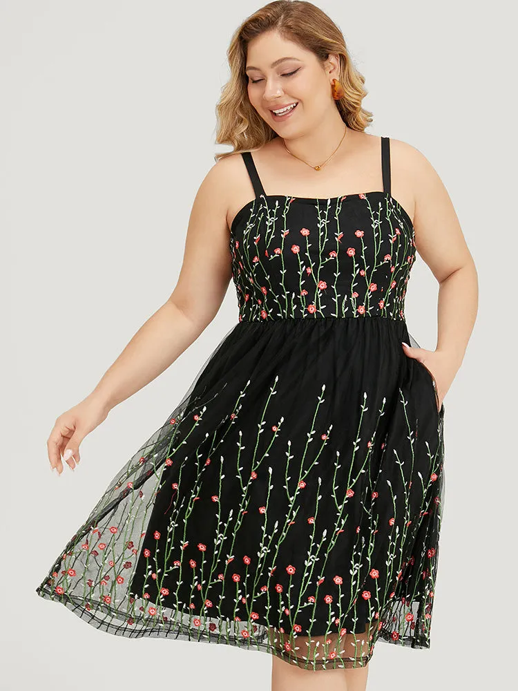 Floral Embroidered Mesh Ruffle Hem Pocket Cami Dress sold by Bloomchic product image thumbnail 4